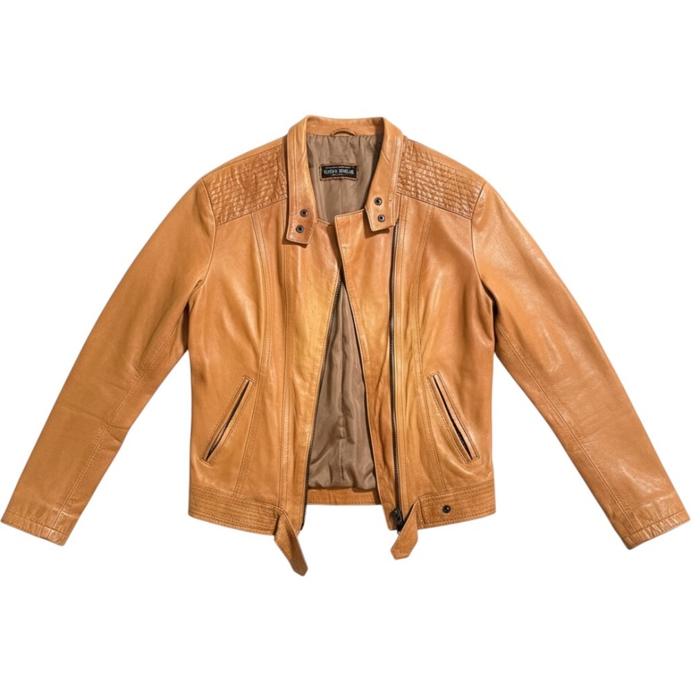 Vera Pelle Italian Leather Jacket Tan Honey Moto Cafe Racer Quilted Shoulder